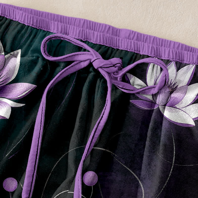 Buddha Stones Pantalones de mujer de algodón puro con estampado de loto morado, cintura elástica y bolsillos. - image 2