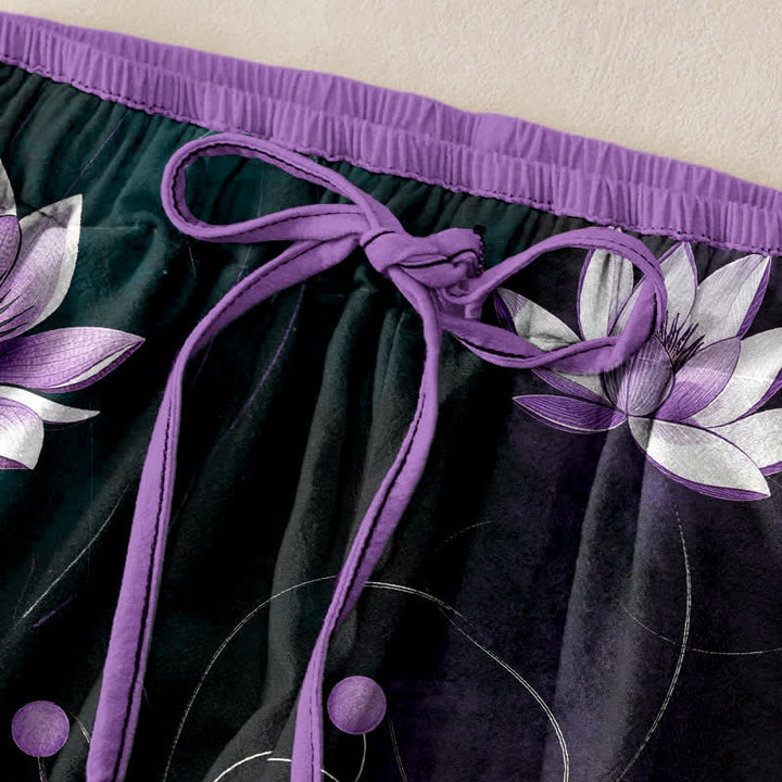 Buddha Stones Pantalones de mujer de algodón puro con estampado de loto morado, cintura elástica y bolsillos. - image 2