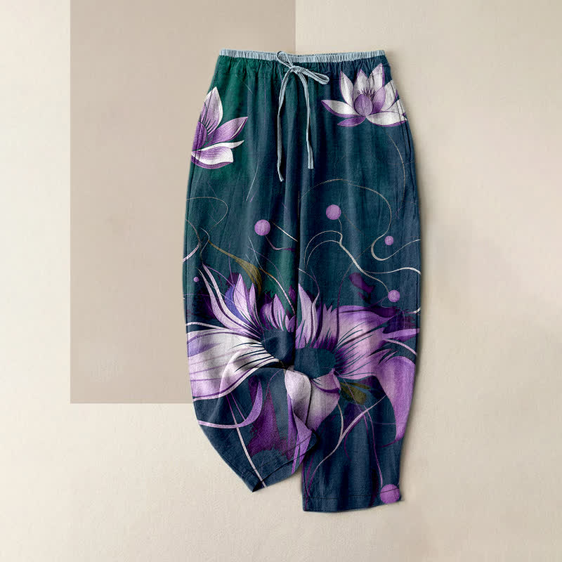 Buddha Stones Pantalones de mujer de algodón puro con estampado de loto morado, cintura elástica y bolsillos. - Verde azulado - US16，UK/AU20，EU48 (3XL) - image 4