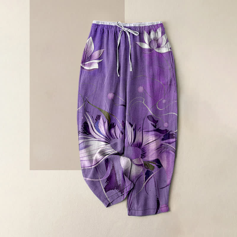 Buddha Stones Pantalones de mujer de algodón puro con estampado de loto morado, cintura elástica y bolsillos. - Morado medio - US16，UK/AU20，EU48 (3XL) - image 5