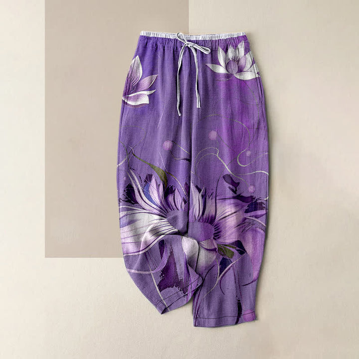 Buddha Stones Pantalones de mujer de algodón puro con estampado de loto morado, cintura elástica y bolsillos. - Morado medio - US16，UK/AU20，EU48 (3XL) - image 5