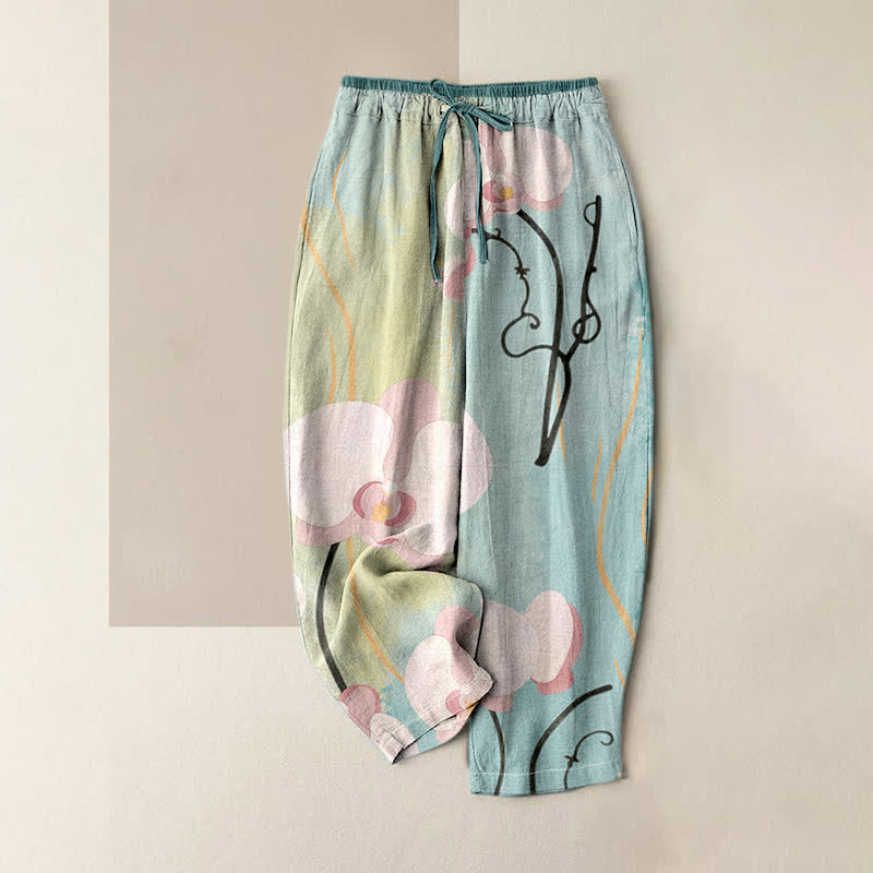 Buddha Stones Pantalones de mujer de algodón con estampado de orquídeas, cintura elástica, cordón ajustable y bolsillos. - Azul claro - US16，UK/AU20，EU48 (3XL) - image 0