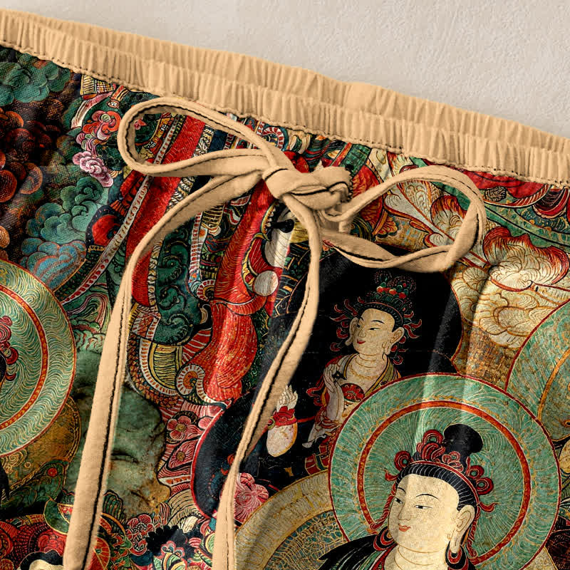 Buddha Stones Pantalones de mujer de algodón puro con cintura elástica y bolsillos, estampado de varios budas. - image 1