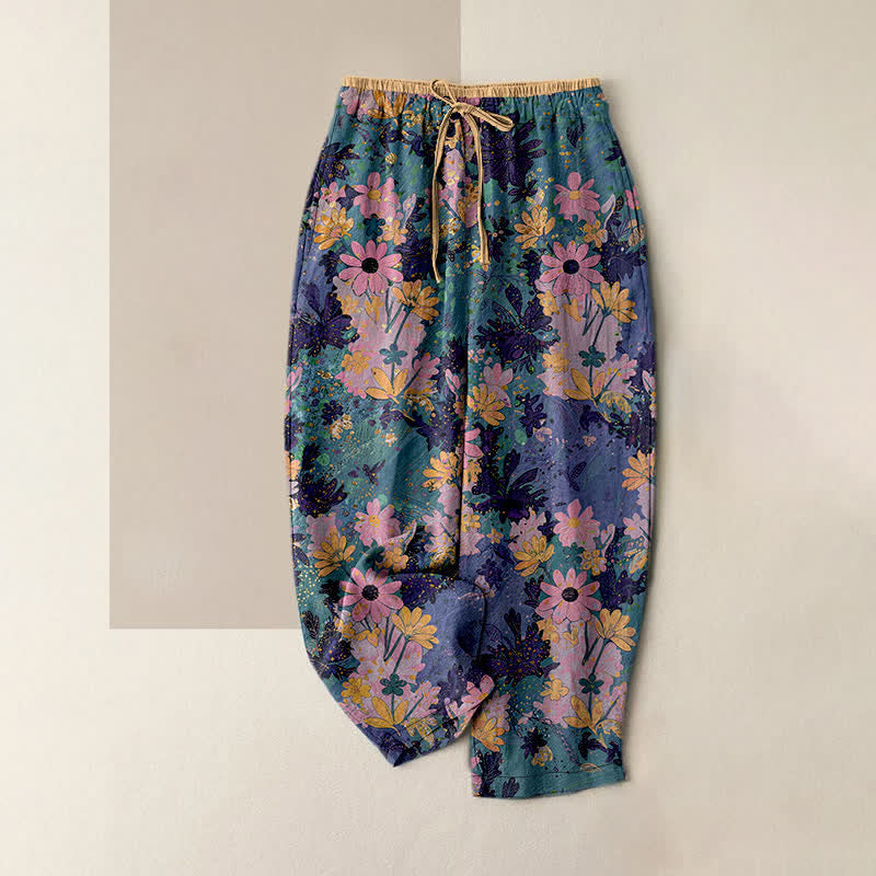 Buddha Stones Pantalones de mujer de algodón puro con estampado floral colorido, cintura elástica y bolsillos. - cian oscuro - US16，UK/AU20，EU48 (3XL) - image 0