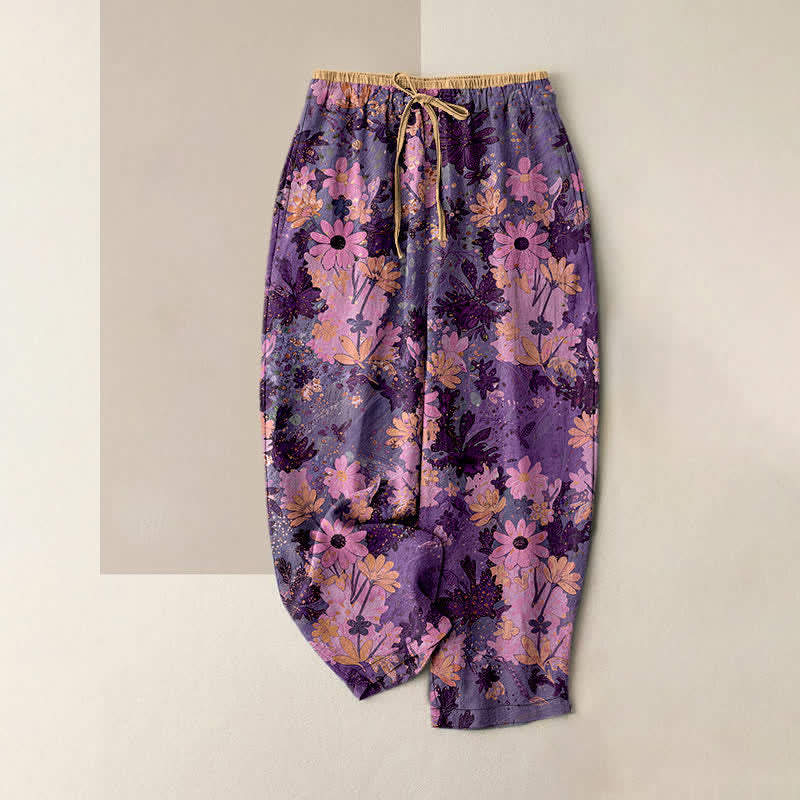 Buddha Stones Pantalones de mujer de algodón puro con estampado floral colorido, cintura elástica y bolsillos. - Orquídea oscura - US16，UK/AU20，EU48 (3XL) - image 4