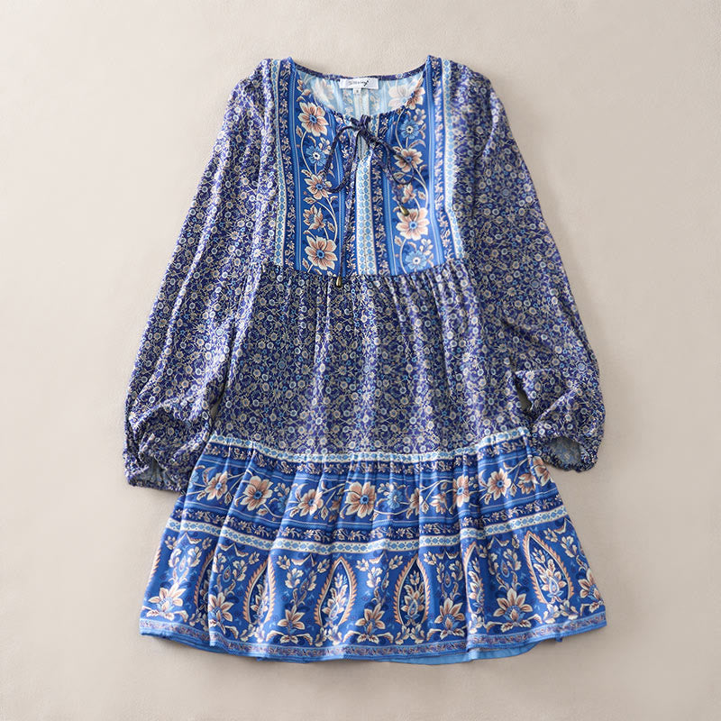 Buddha Stones Minivestido de mujer de algodón con estampado floral paisley estilo boho otoñal, mangas tres cuartos, mangas abullonadas y cuello con lazo. - image 0