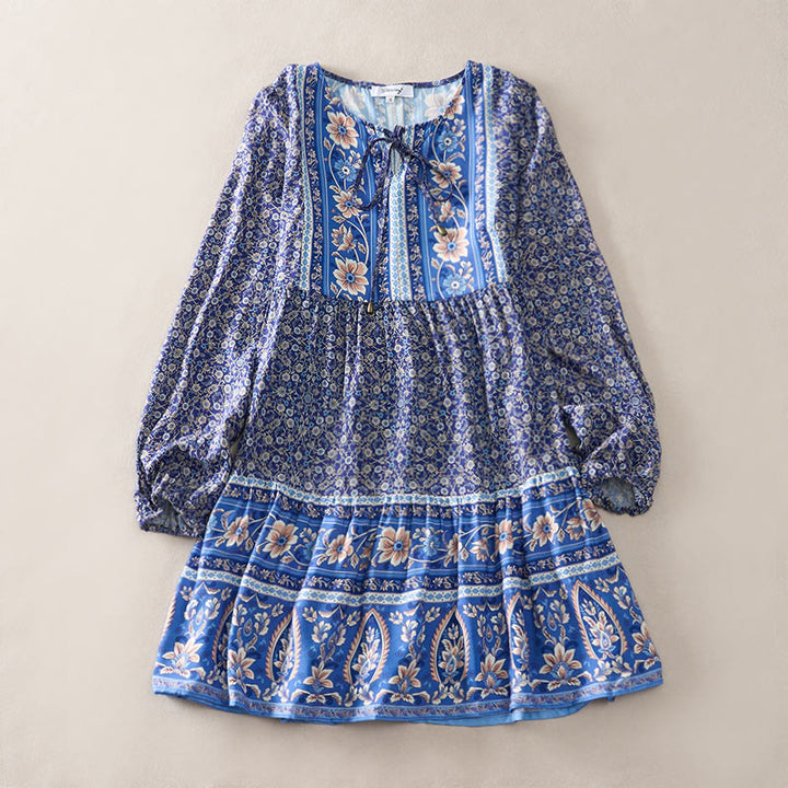 Buddha Stones Minivestido de mujer de algodón con estampado floral paisley estilo boho otoñal, mangas tres cuartos, mangas abullonadas y cuello con lazo. - image 0