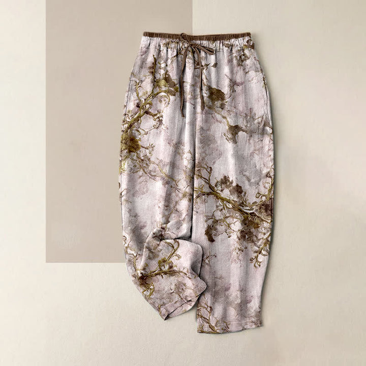 Buddha Stones Pantalones de mujer de algodón puro con estampado de ramas y elementos florales, con bolsillos. - Vara de oro oscura - US16，UK/AU20，EU48 (3XL) - image 3