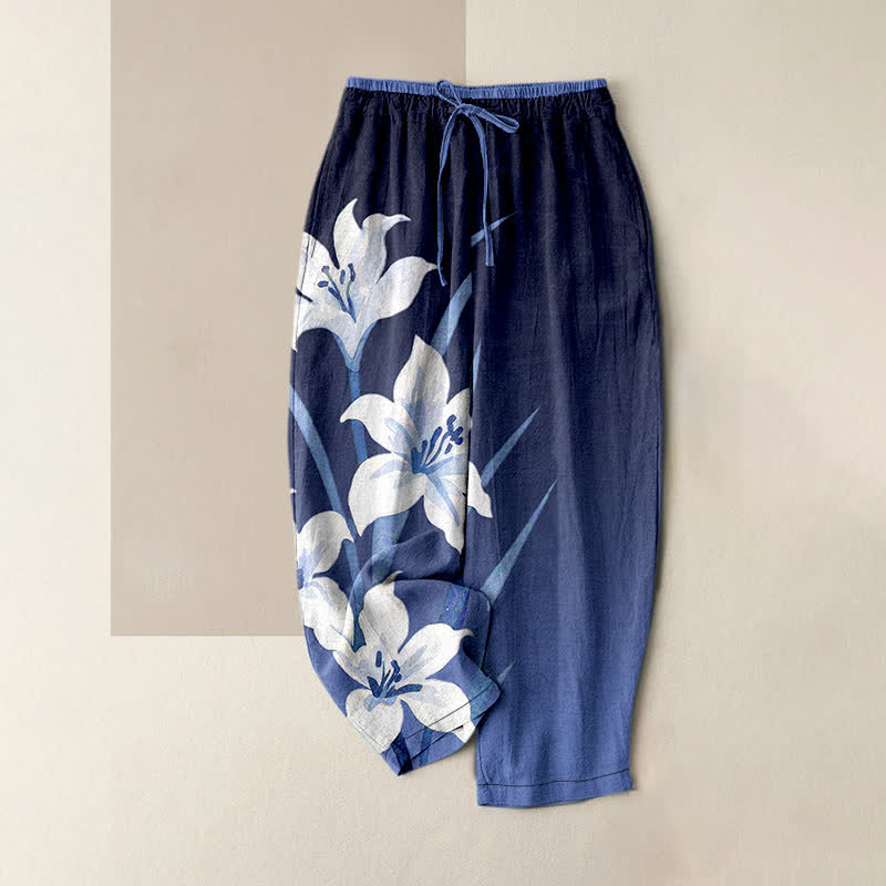 Buddha Stones Pantalones de mujer de algodón puro con estampado de lirios, cintura elástica, cordón ajustable y bolsillos. - Azul real - US16，UK/AU20，EU48 (3XL) - image 0