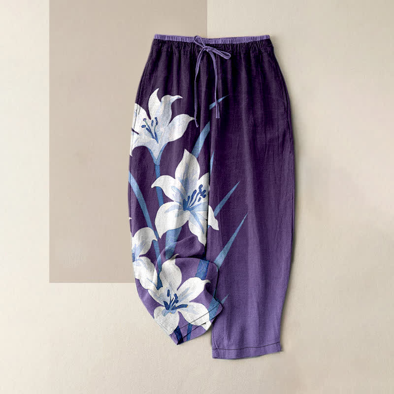Buddha Stones Pantalones de mujer de algodón puro con estampado de lirios, cintura elástica, cordón ajustable y bolsillos. - Índigo - US16，UK/AU20，EU48 (3XL) - image 5