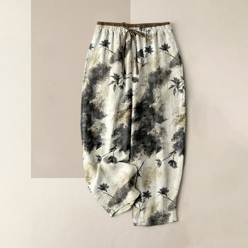 Buddha Stones Pantalones de mujer de algodón puro con cordón elástico y estampado floral de acuarela, con bolsillos. - Beige - US16，UK/AU20，EU48 (3XL) - image 0