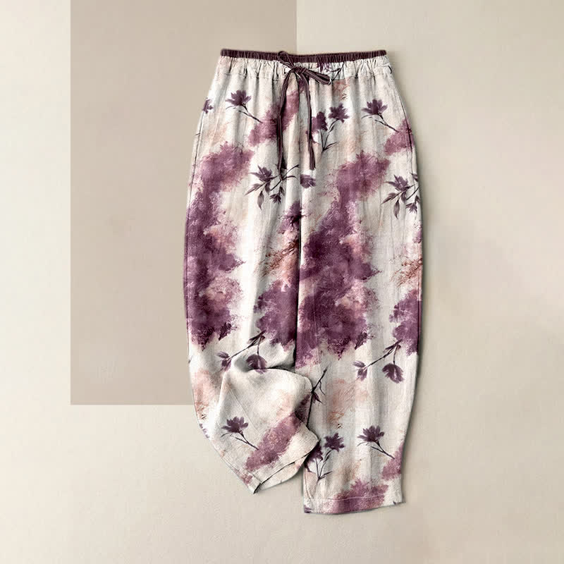 Buddha Stones Pantalones de mujer de algodón puro con cordón elástico y estampado floral de acuarela, con bolsillos. - Rojo violeta pálido - US16，UK/AU20，EU48 (3XL) - image 6