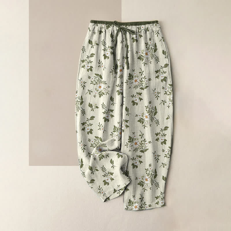 Buddha Stones Pantalones de mujer de algodón puro con estampado floral discreto y cintura elástica, con bolsillos. - Beige - US16，UK/AU20，EU48 (3XL) - image 3