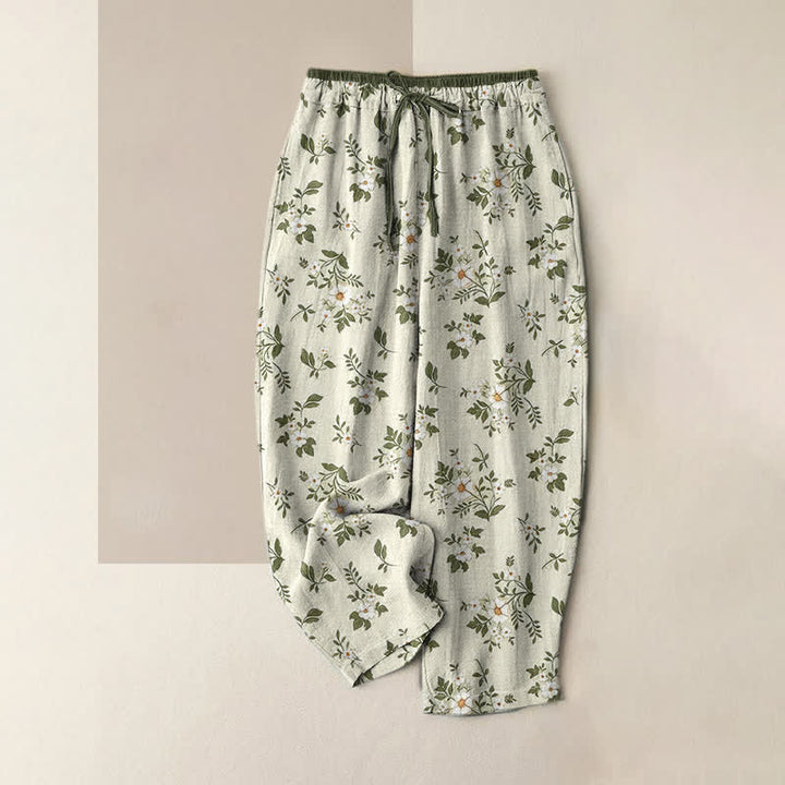 Buddha Stones Pantalones de mujer de algodón puro con estampado floral discreto y cintura elástica, con bolsillos. - Beige - US16，UK/AU20，EU48 (3XL) - image 3