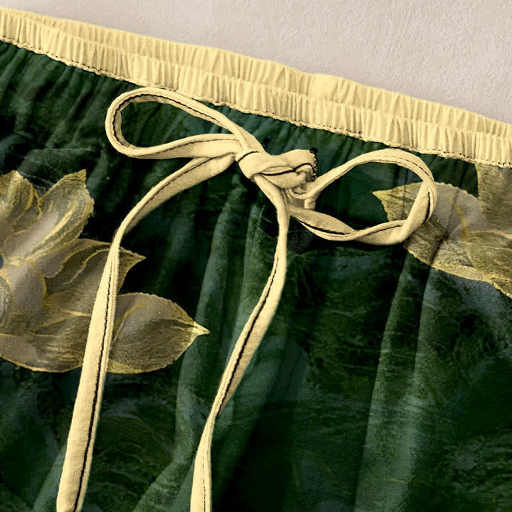 Buddha Stones Pantalones de mujer de algodón puro con cintura elástica y estampado de loto, con bolsillos. - image 9