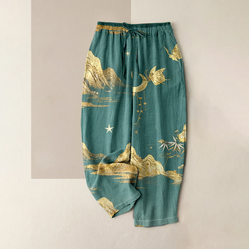 Buddha Stones Pantalones de mujer Cotton Mountain Moon con estampado de mariposas y cintura elástica, con bolsillos. - Verde mar claro - US16，UK/AU20，EU48 (3XL) - image 0