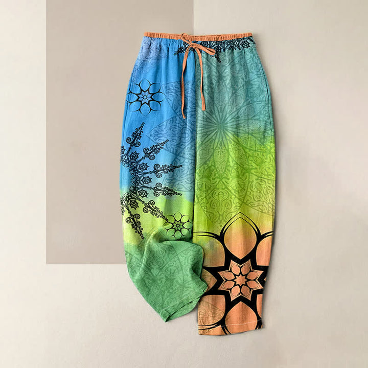 Buddha Stones Pantalones de mujer de algodón con estampado degradado de mandala, cintura elástica y bolsillos. - Verde lima - US16，UK/AU20，EU48 (3XL) - image 0
