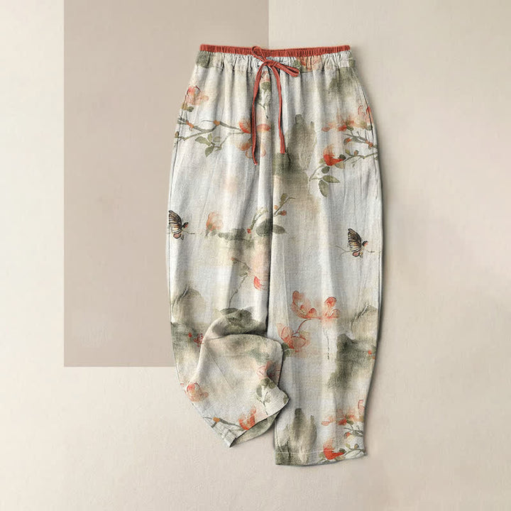 Buddha Stones Pantalones de mujer de algodón puro con estampado de mariposas y flores, con bolsillos. - Lino - US16，UK/AU20，EU48 (3XL) - image 0