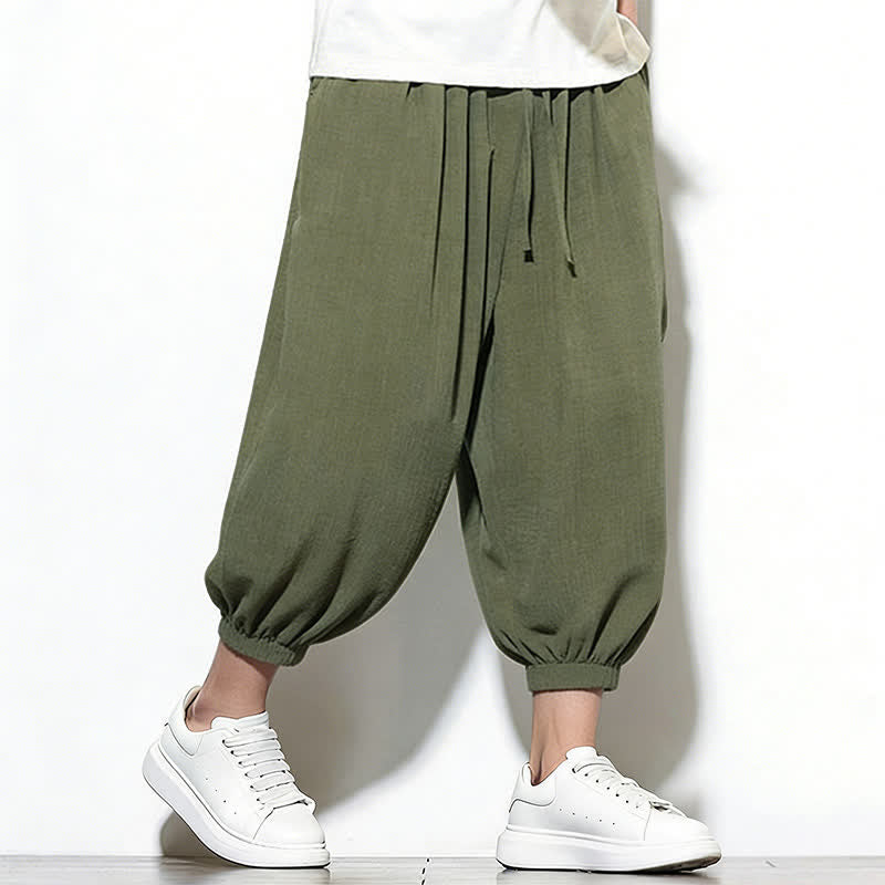 Buddha Stones Pantalones capri harem para hombre, de color liso, con cordón elástico, ideales para primavera. - image 6