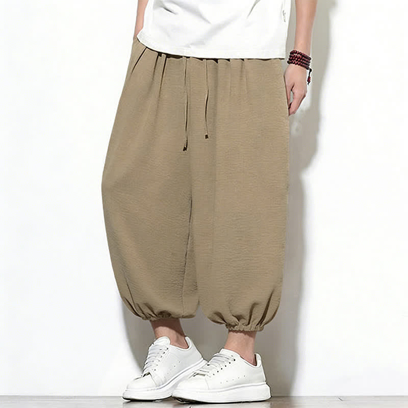 Buddha Stones Pantalones capri harem para hombre, de color liso, con cordón elástico, ideales para primavera. - image 35