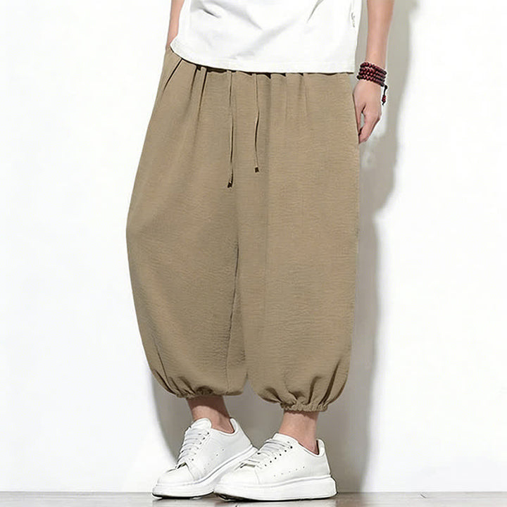 Buddha Stones Pantalones capri harem para hombre, de color liso, con cordón elástico, ideales para primavera. - image 35