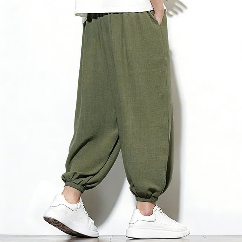 Buddha Stones Pantalones capri harem para hombre, de color liso, con cordón elástico, ideales para primavera. - image 4