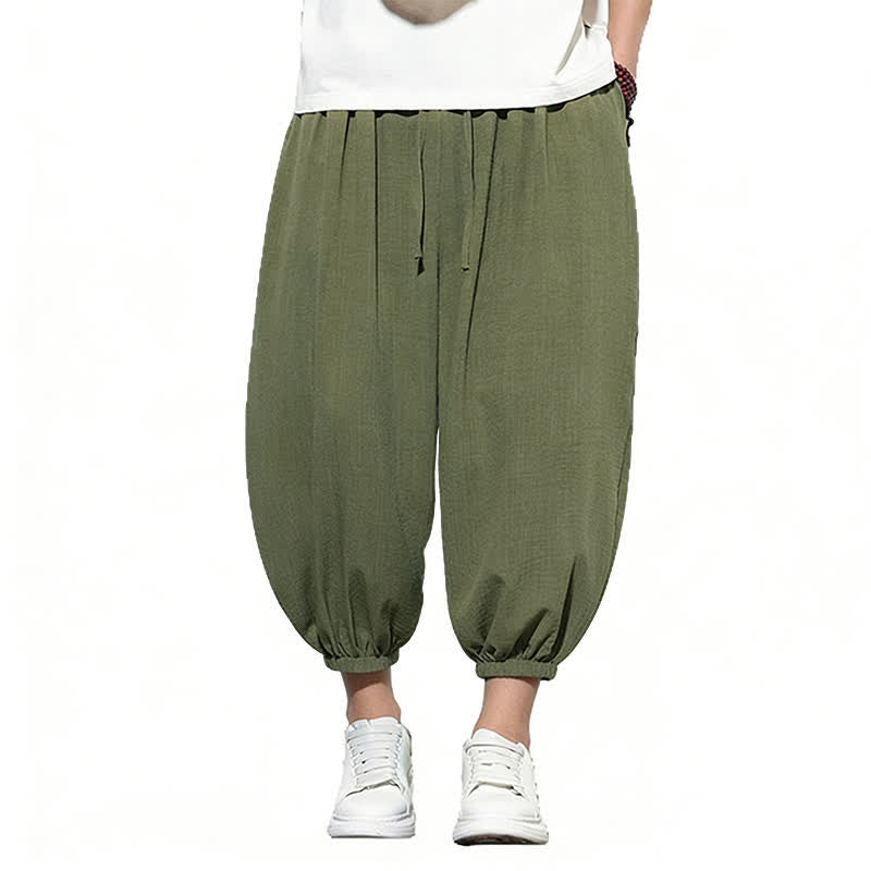 Buddha Stones Pantalones capri harem para hombre, de color liso, con cordón elástico, ideales para primavera. - image 8