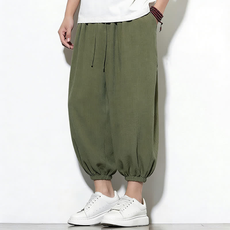 Buddha Stones Pantalones capri harem para hombre, de color liso, con cordón elástico, ideales para primavera. - Verde oliva oscuro - US/UK/AU46, EU56 (5XL) - image 0