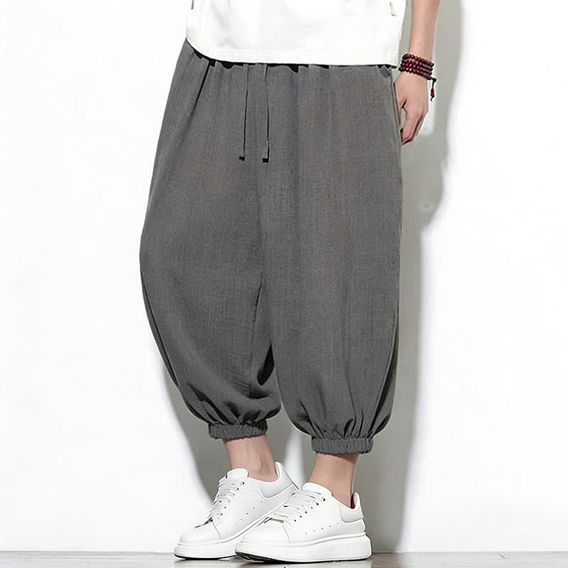 Buddha Stones Pantalones capri harem para hombre, de color liso, con cordón elástico, ideales para primavera. - Gris oscuro - US/UK/AU46, EU56 (5XL) - image 9