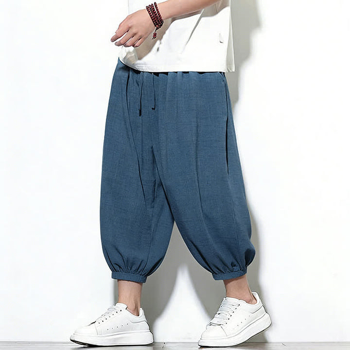 Buddha Stones Pantalones capri harem para hombre, de color liso, con cordón elástico, ideales para primavera. - Azul acero - US/UK/AU46, EU56 (5XL) - image 37