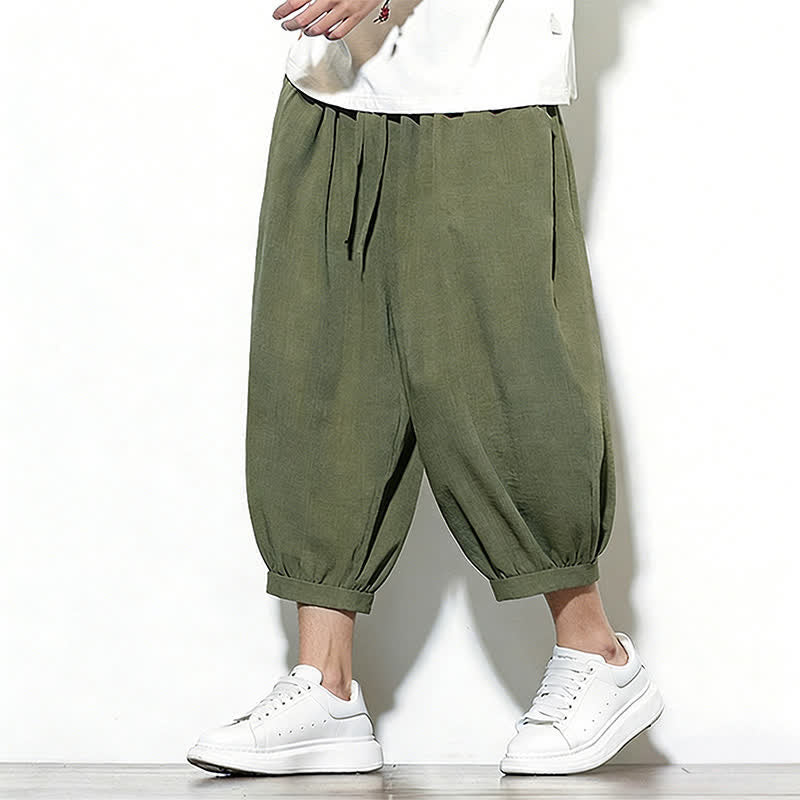 Buddha Stones Pantalones capri harem para hombre, de color liso, con cordón elástico, ideales para primavera. - image 1