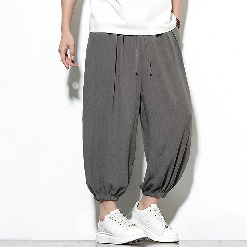 Buddha Stones Pantalones capri harem para hombre, de color liso, con cordón elástico, ideales para primavera. - image 17