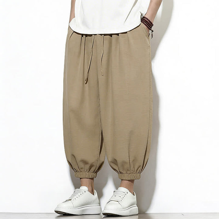 Buddha Stones Pantalones capri harem para hombre, de color liso, con cordón elástico, ideales para primavera. - image 34