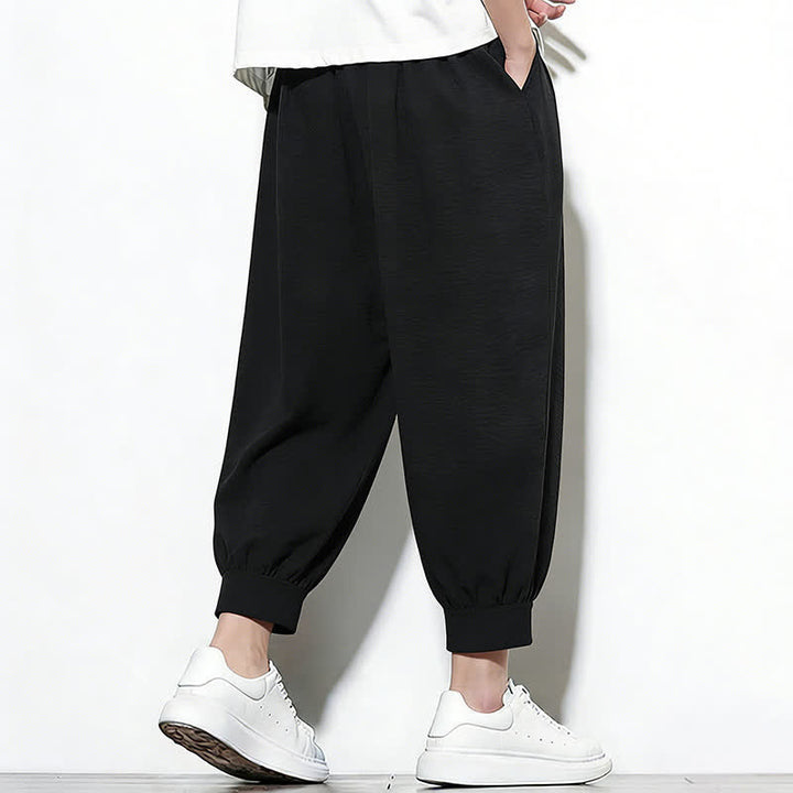 Buddha Stones Pantalones capri harem para hombre, de color liso, con cordón elástico, ideales para primavera. - image 26