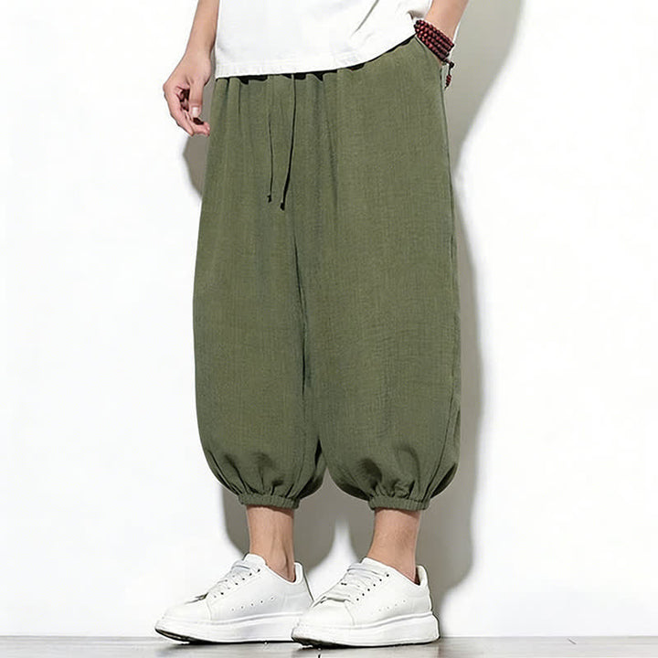 Buddha Stones Pantalones capri harem para hombre, de color liso, con cordón elástico, ideales para primavera. - image 3