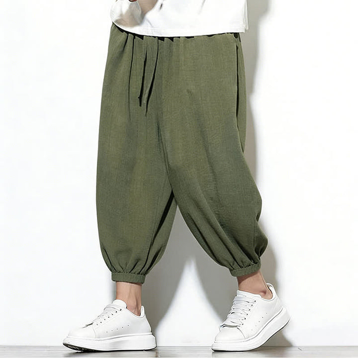Buddha Stones Pantalones capri harem para hombre, de color liso, con cordón elástico, ideales para primavera. - image 7
