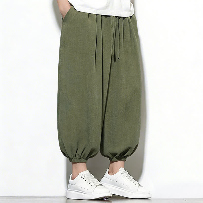 Buddha Stones Pantalones capri harem para hombre, de color liso, con cordón elástico, ideales para primavera. - image 2