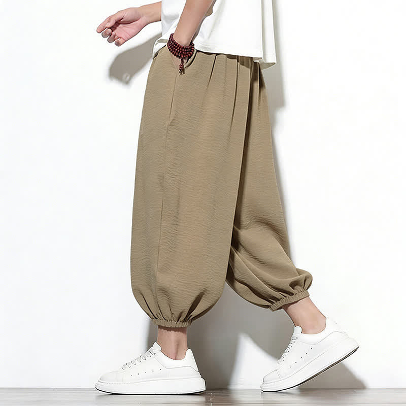 Buddha Stones Pantalones capri harem para hombre, de color liso, con cordón elástico, ideales para primavera. - image 30