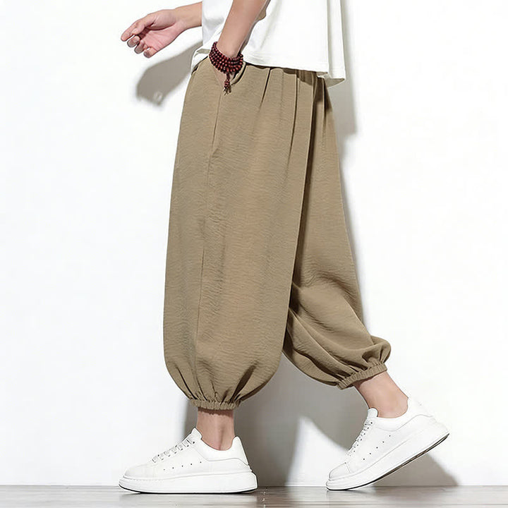 Buddha Stones Pantalones capri harem para hombre, de color liso, con cordón elástico, ideales para primavera. - image 30