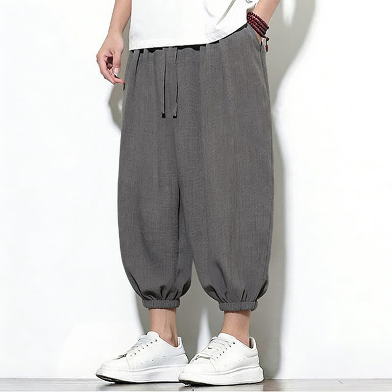 Buddha Stones Pantalones capri harem para hombre, de color liso, con cordón elástico, ideales para primavera. - image 10