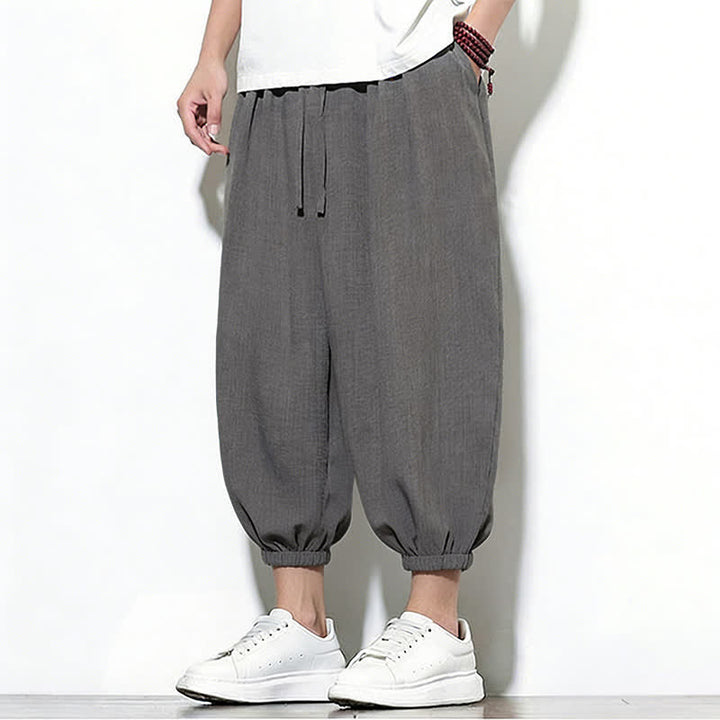 Buddha Stones Pantalones capri harem para hombre, de color liso, con cordón elástico, ideales para primavera. - image 10