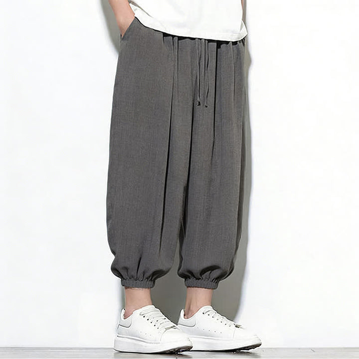 Buddha Stones Pantalones capri harem para hombre, de color liso, con cordón elástico, ideales para primavera. - image 16