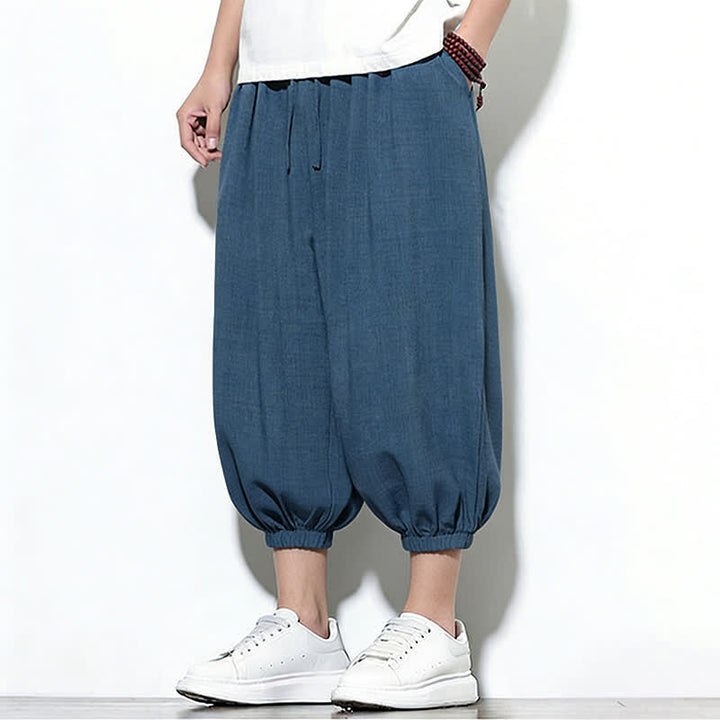 Buddha Stones Pantalones capri harem para hombre, de color liso, con cordón elástico, ideales para primavera. - image 43