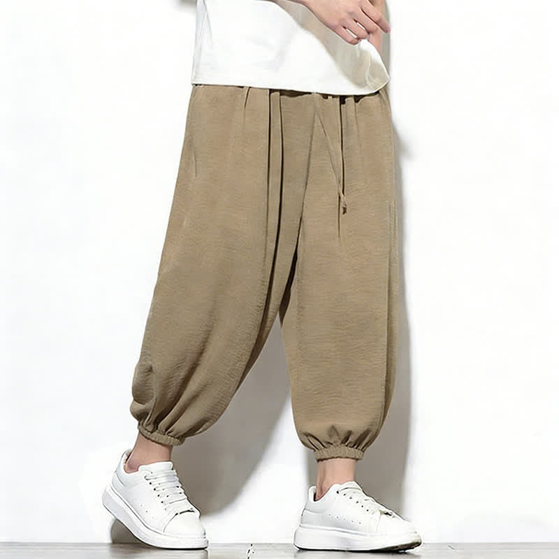 Buddha Stones Pantalones capri harem para hombre, de color liso, con cordón elástico, ideales para primavera. - image 33