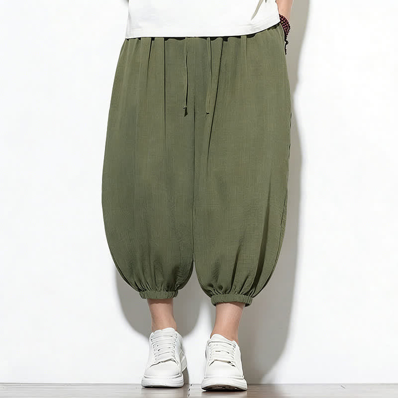Buddha Stones Pantalones capri harem para hombre, de color liso, con cordón elástico, ideales para primavera. - image 5