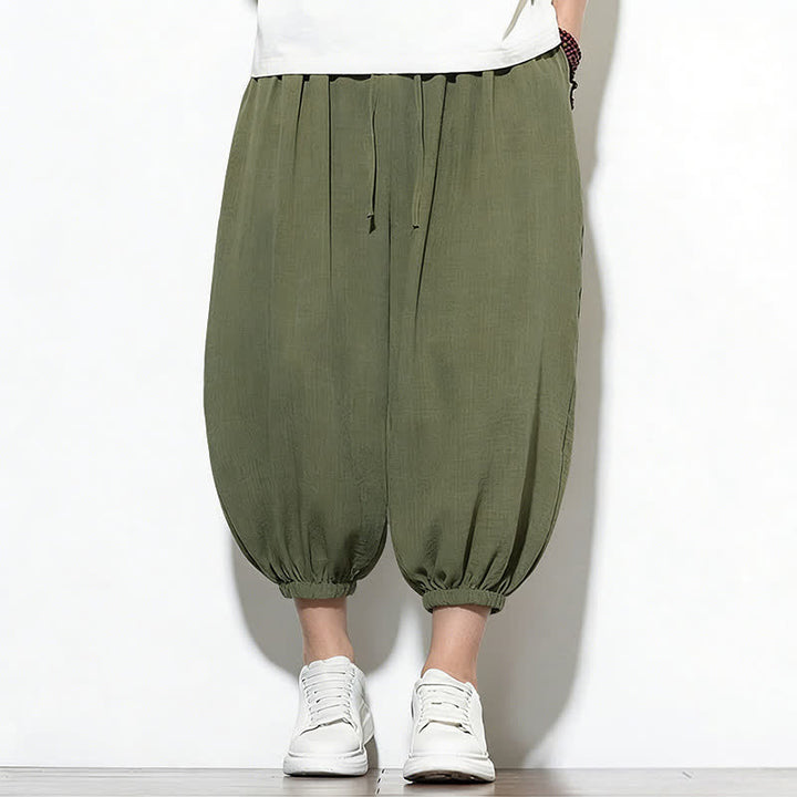 Buddha Stones Pantalones capri harem para hombre, de color liso, con cordón elástico, ideales para primavera. - image 5