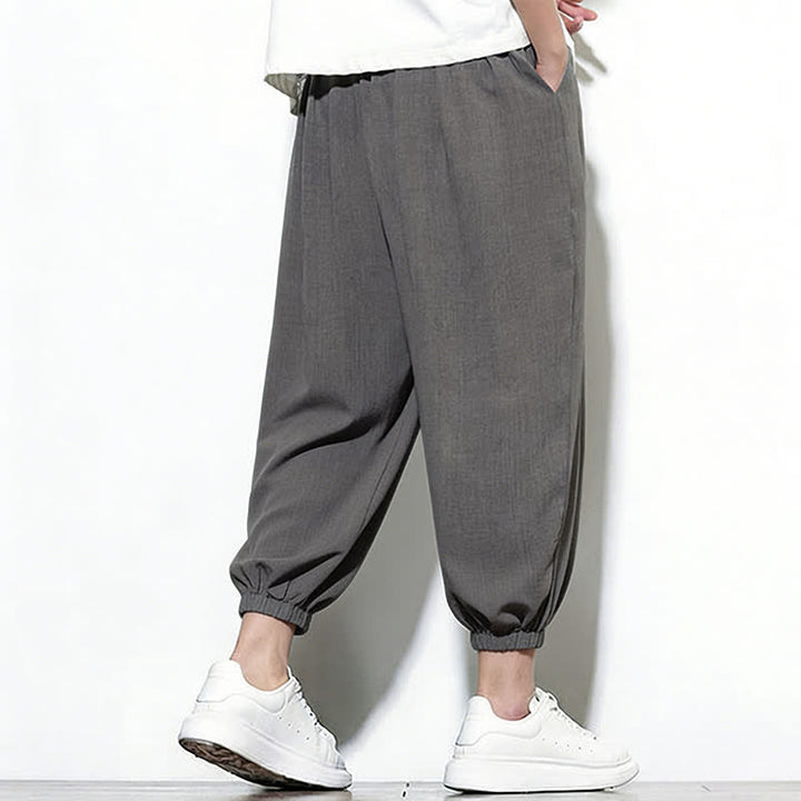 Buddha Stones Pantalones capri harem para hombre, de color liso, con cordón elástico, ideales para primavera. - image 14