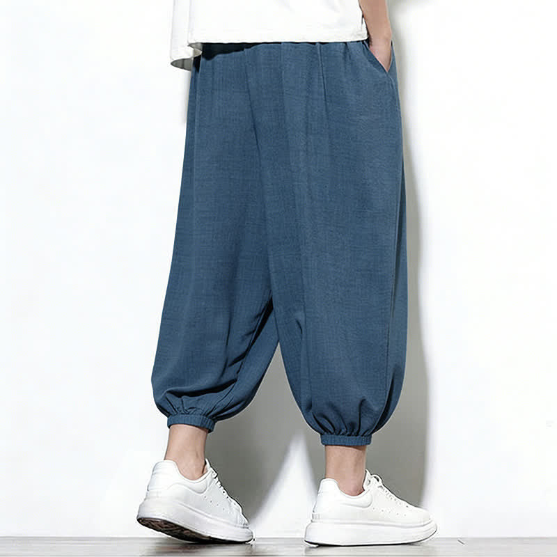 Buddha Stones Pantalones capri harem para hombre, de color liso, con cordón elástico, ideales para primavera. - image 42