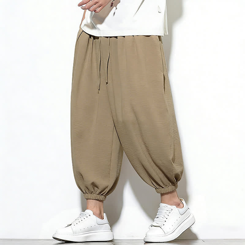 Buddha Stones Pantalones capri harem para hombre, de color liso, con cordón elástico, ideales para primavera. - image 32