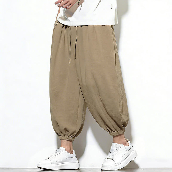 Buddha Stones Pantalones capri harem para hombre, de color liso, con cordón elástico, ideales para primavera. - image 32